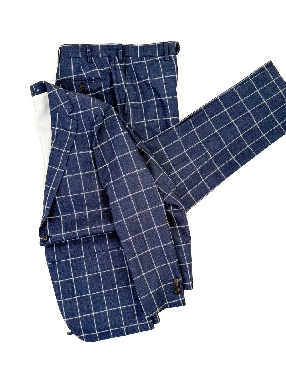 NEW Suitsupply Sienna Men's Blue Windowpane Suit Silk Wool Linen Blue White 40R